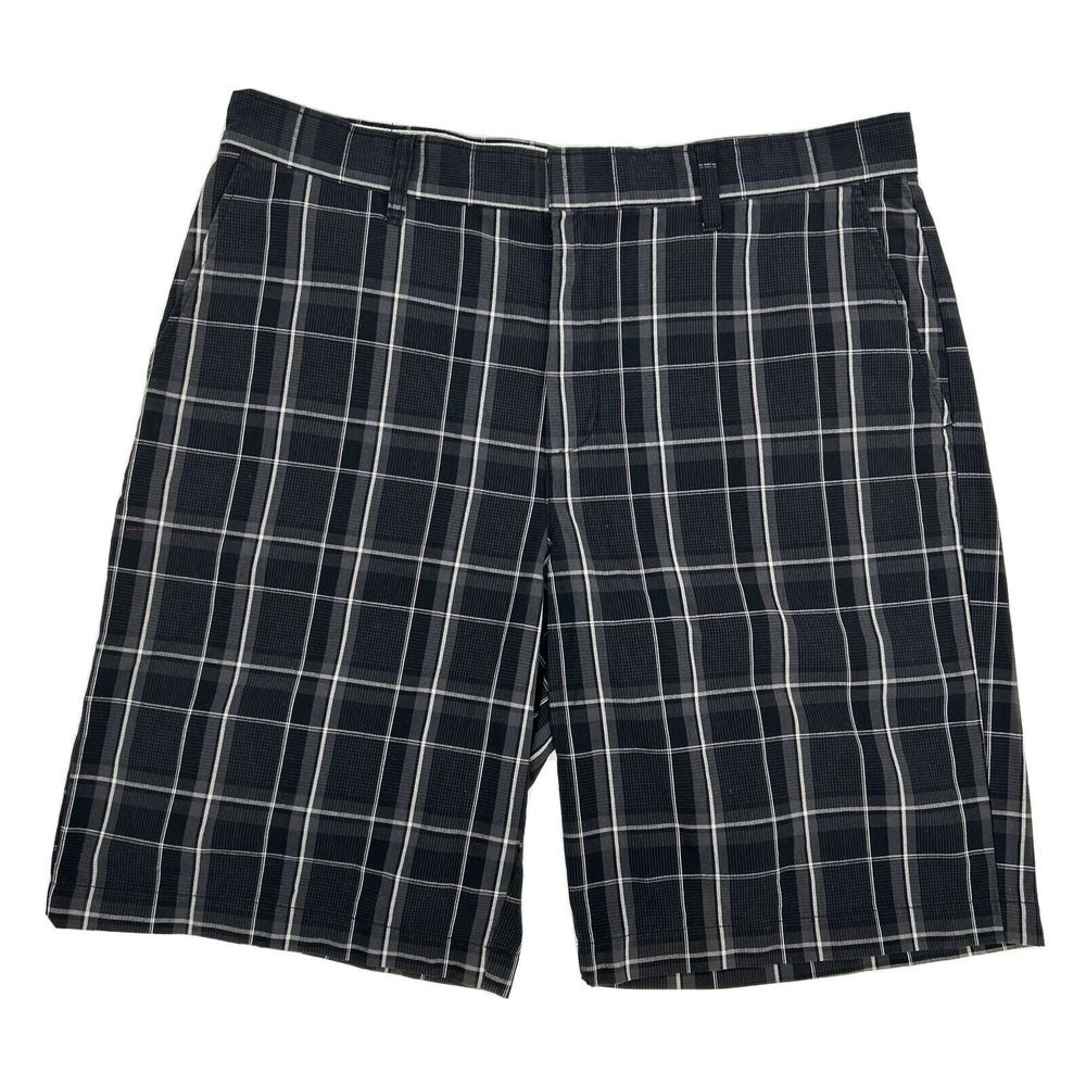 RVCA Shorts Men's Size 38 Black Gray Plaid Flat Front Chino Casual Stretch